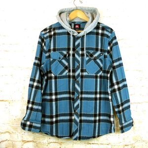Quiksilver Hooded Flannel Shirt Shacket Mens L Blue Plaid Button Skate Gorpcore